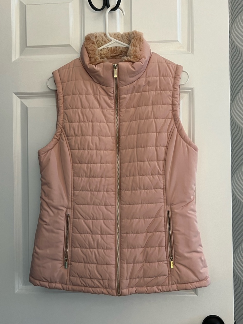 Calvin Klein Quilted Puffer Vest with Faux-Fur Collar - Blush Pink